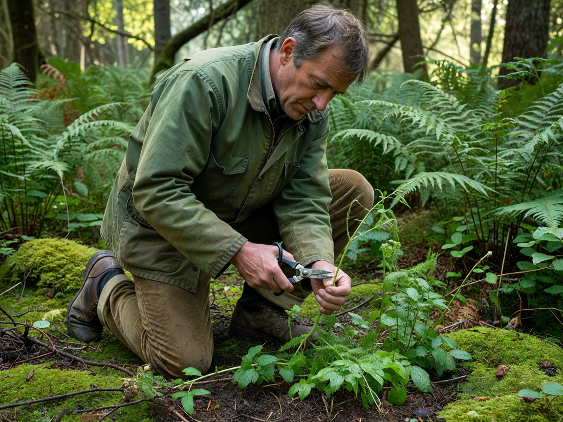 A forager carefully cutting a single stem with scissors to preserve the main plant