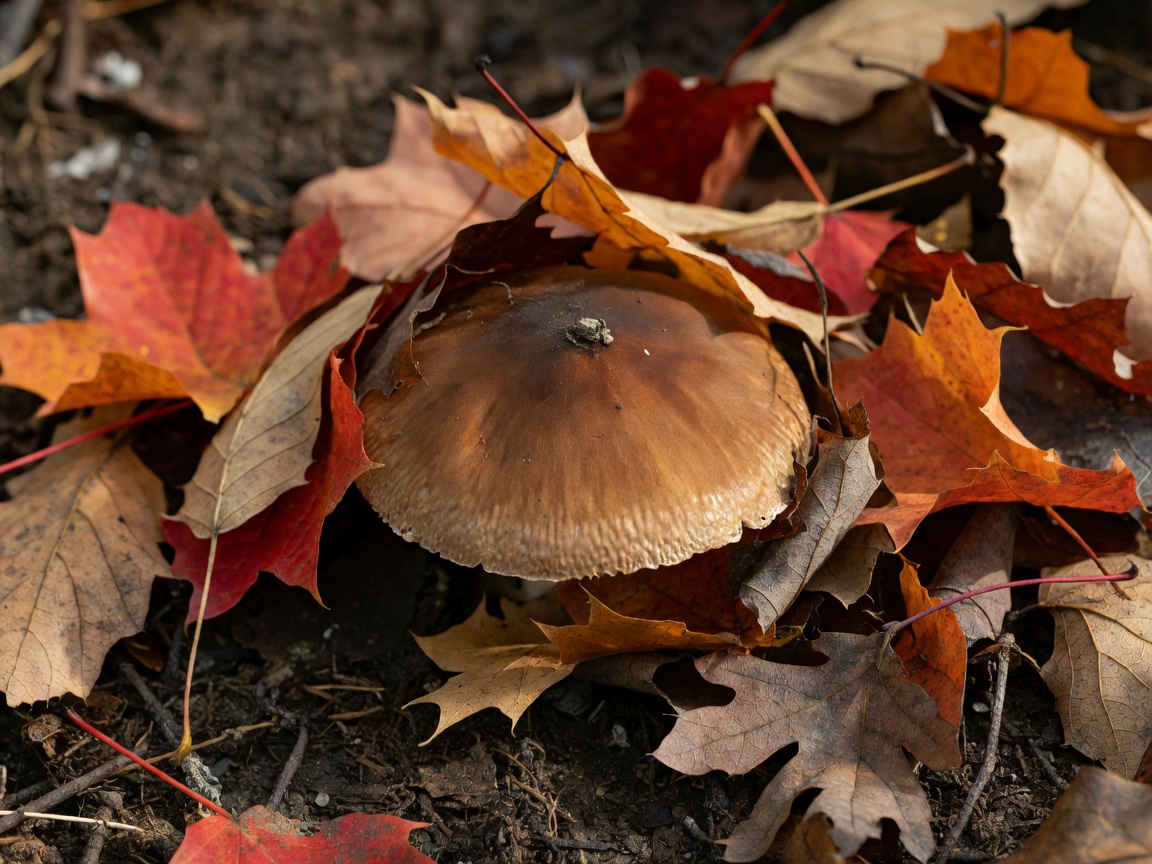 Close up of a brown mushroom cap growing among fallen leaves