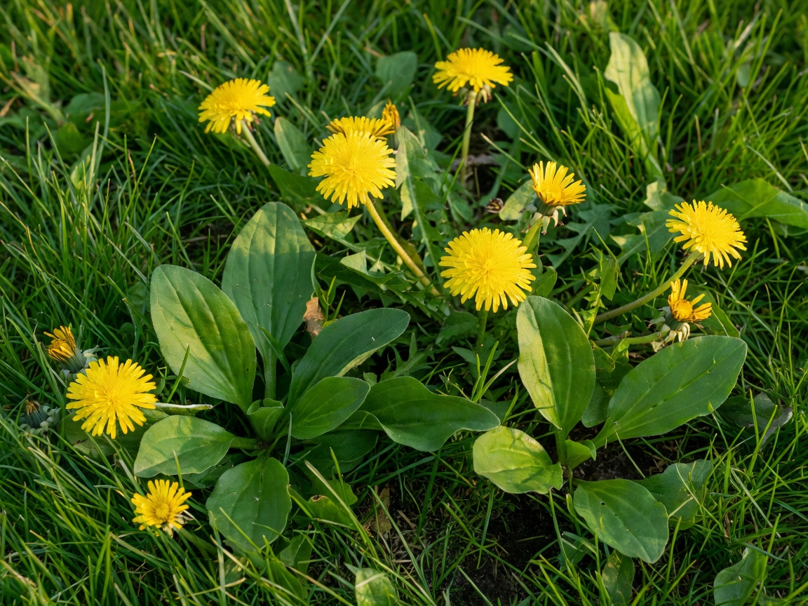 Dandelion flowers and broadleaf plantain growing on a lawn
