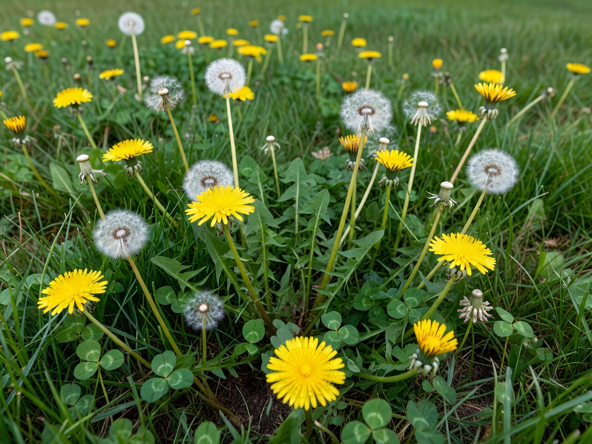 Dandelions and clovers growing in a grassy suburban patch