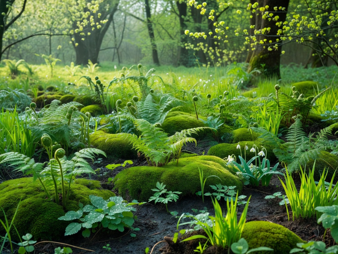 Lush green forest floor indicating early spring growth