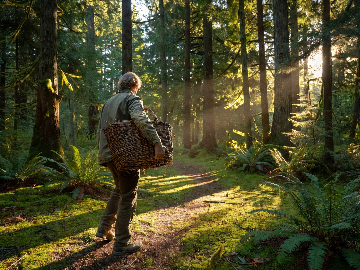 Person holding a woven basket in a sunlit forest