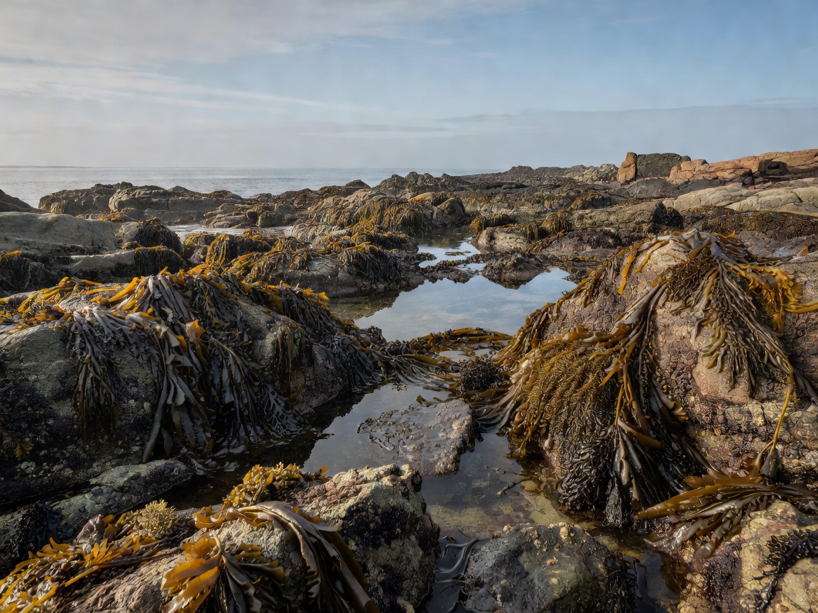 Rocky beach shoreline at low tide covered in brown seaweeds
