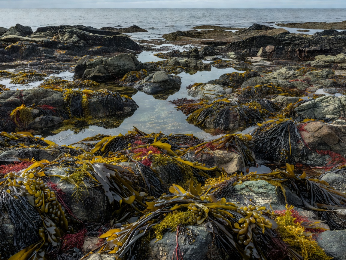 Rocky shoreline showing exposed seaweed beds at low tide