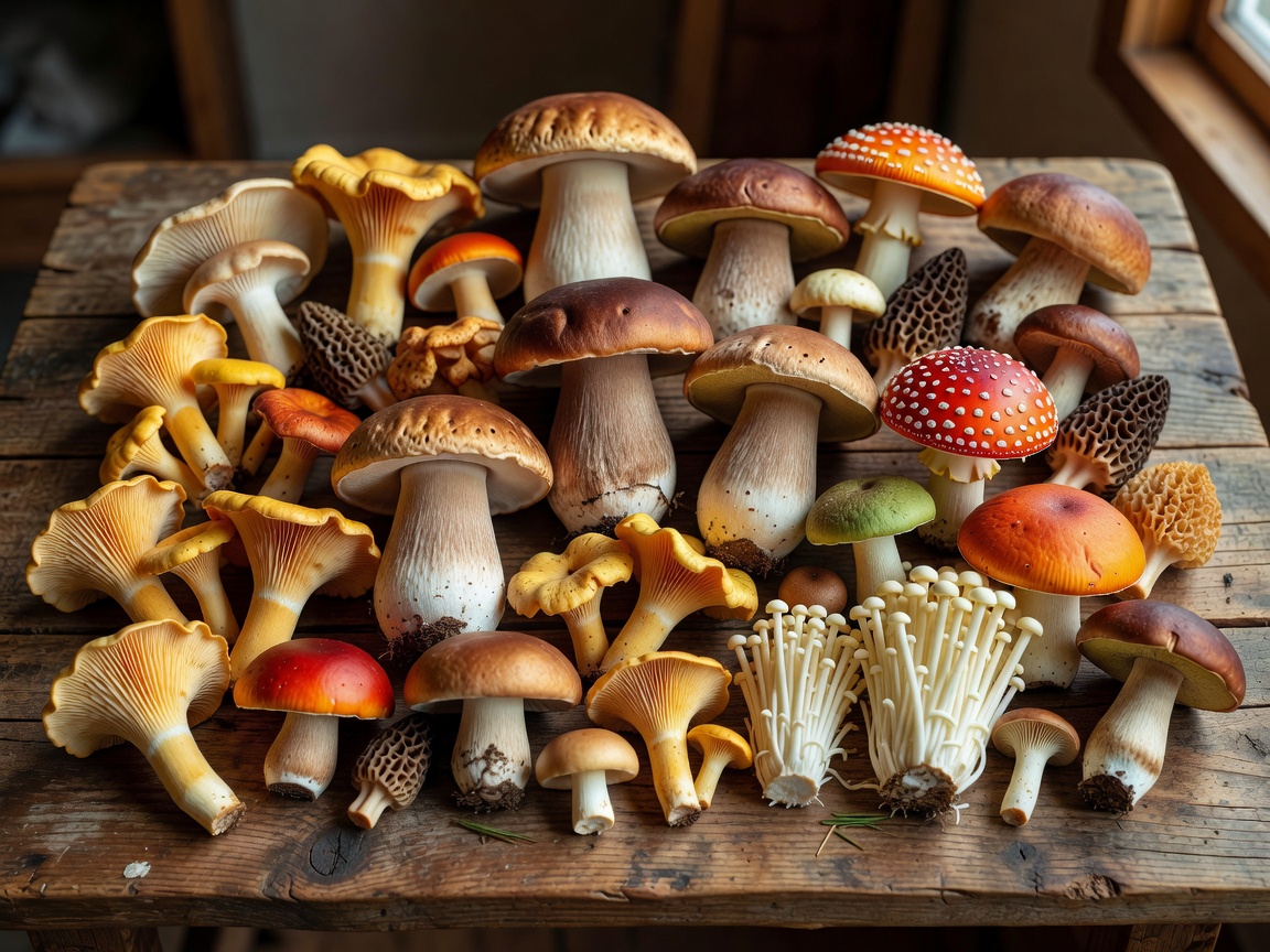 Various harvested mushrooms laid out on a wooden table for inspection